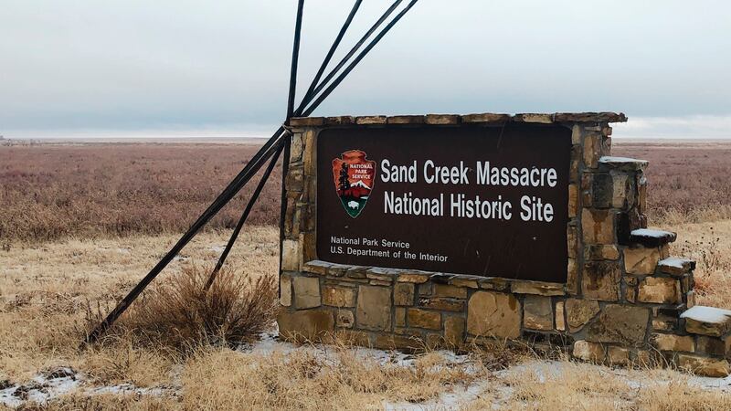 FILE - An entrance sign is shown at the Sand Creek Massacre National Historic Site in Eads,...