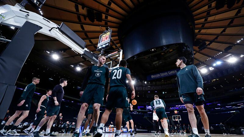 Michigan State forward Joey Hauser (10) walks under the basket during practice before a Sweet...