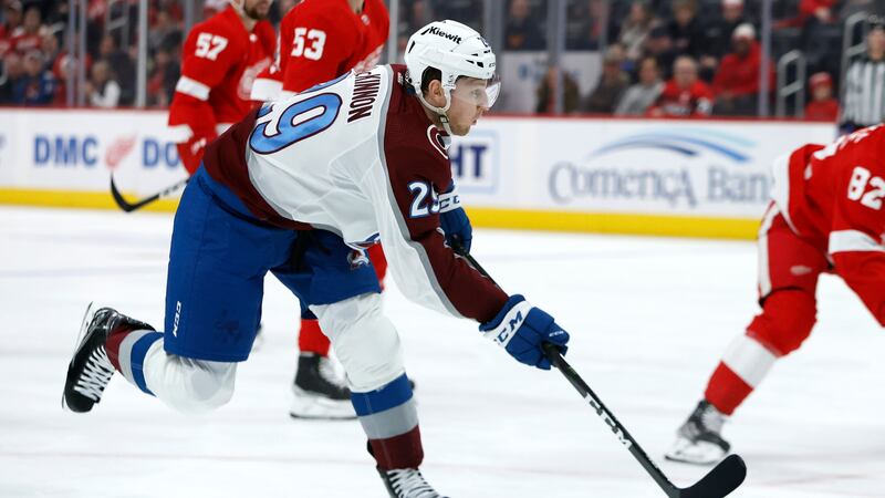 Colorado Avalanche center Nathan MacKinnon (29) scores a goal against the Detroit Red Wings...