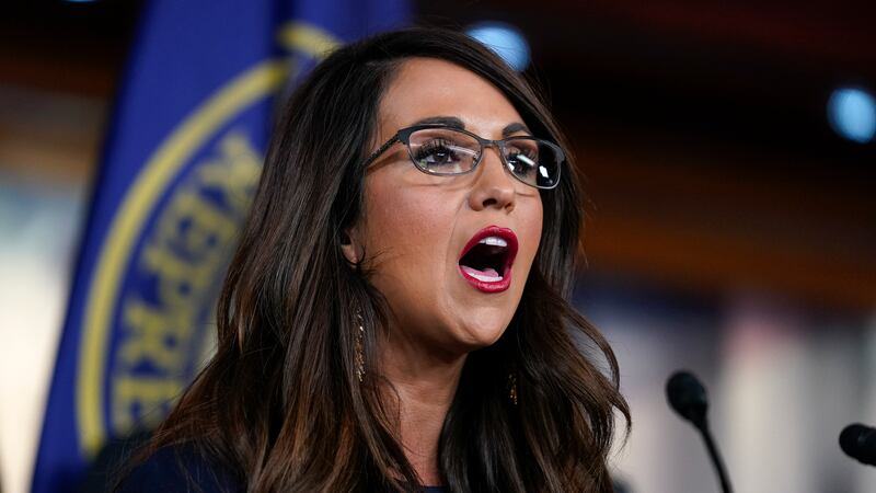 FILE - Rep. Lauren Boebert, R-Colo., speaks to reporters at the Capitol in Washington, June 8,...