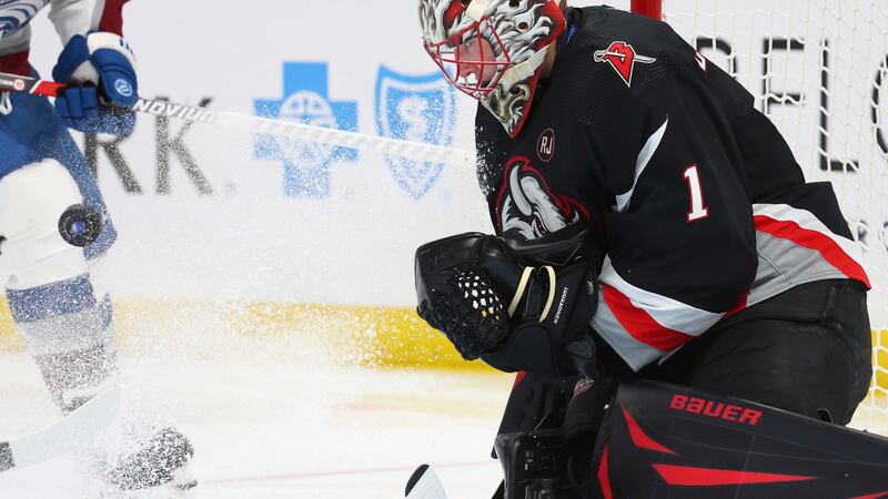 Buffalo Sabres goaltender Ukko-Pekka Luukkonen (1) makes a save during the second period of an...
