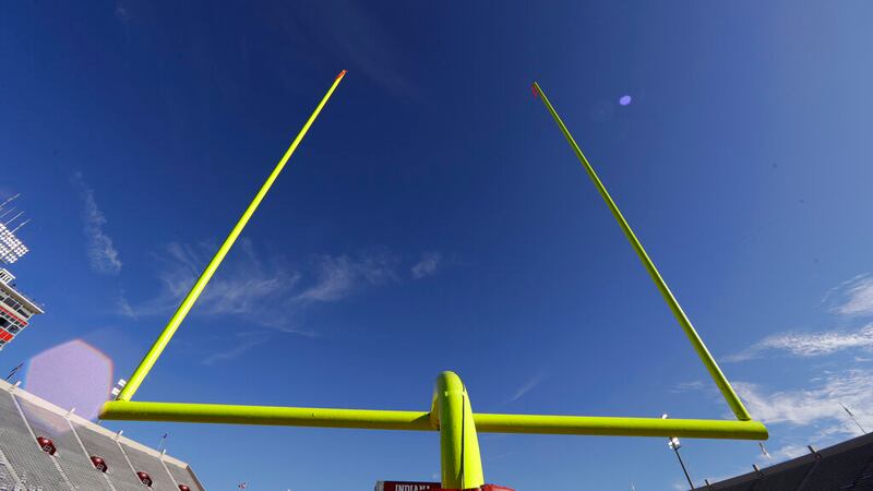 A goalpost is seen before an NCAA college football game between Indiana and Ohio State,...