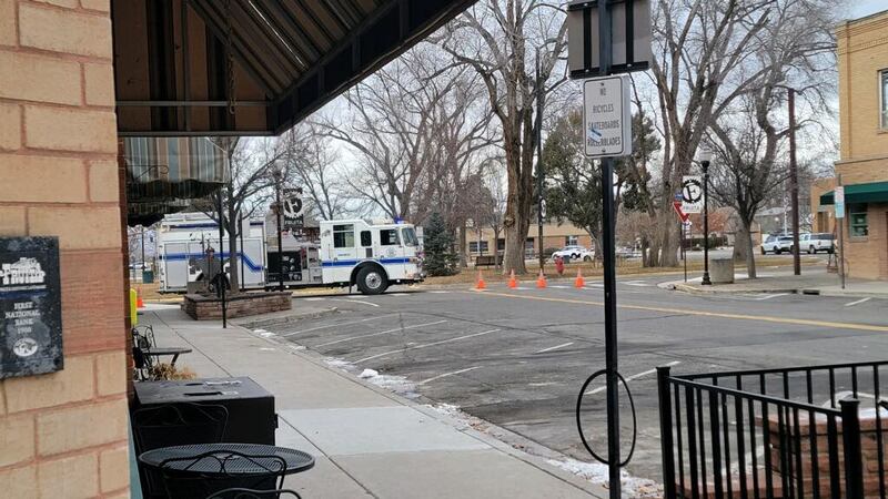 A fire engine near Circle Park during a gas leak in Fruita, Colo. on Jan. 27, 2023.