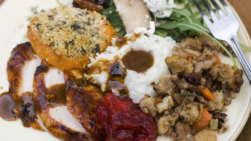 This Thanksgiving dinner is from New Hampshire, so it's stuffing on the plate. In Mississippi,...